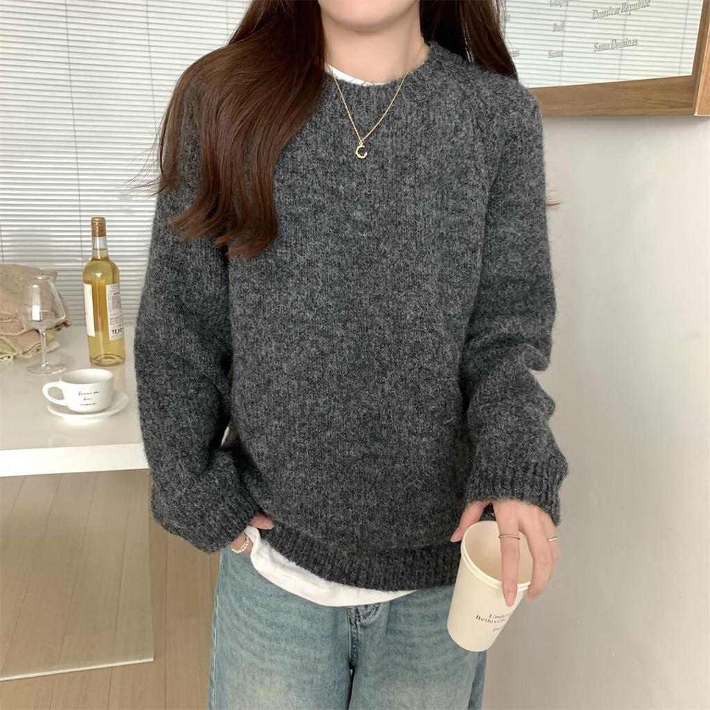 WTEMPO Women's Knitted Sweater Loose and Lazy Loose Round Neck Long Sleeved Pullover Knit Sweater Top