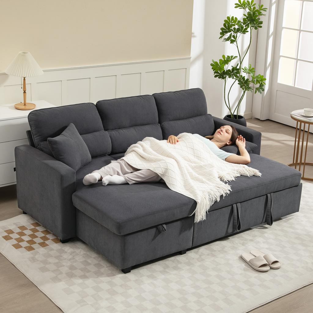 Corner Sofa Bed, Corduroy, 3-Seater, Hidden Storage, Cushions, 205 x 135 x 76 cm, Grey