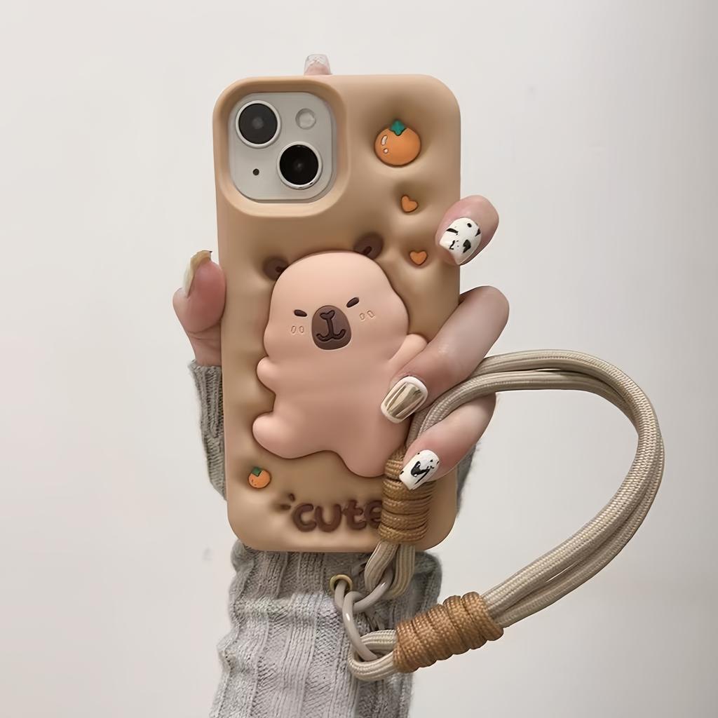 3D Мультяшная Капибара Мягкий Силиконовый Чехол для Телефона iPhone 16 15 14 13 12 Pro Max 16pro Ударопрочный Чехол с Ремешком на Запястье