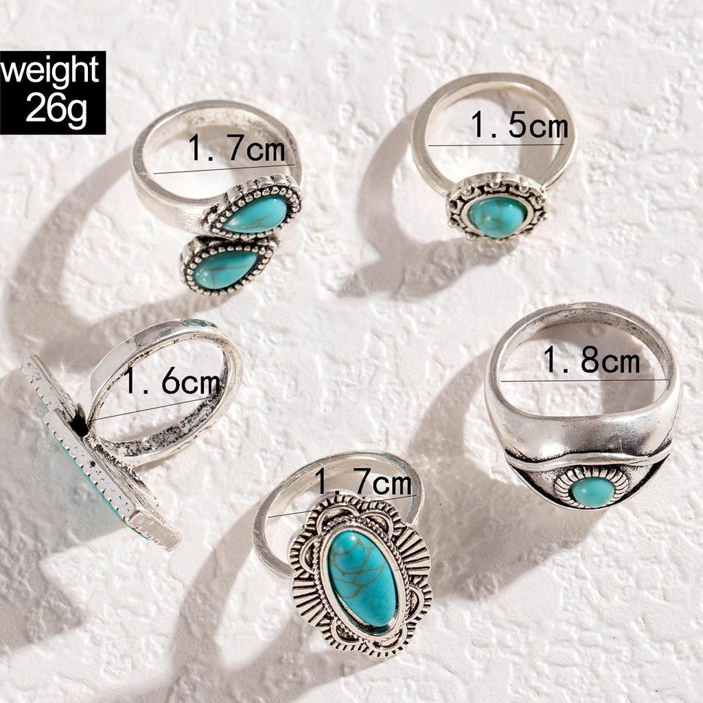 Набор колец из 8 предметов с бирюзой, комбинированное кольцо в этническом стиле с инкрустацией в стиле ретро и резным пером