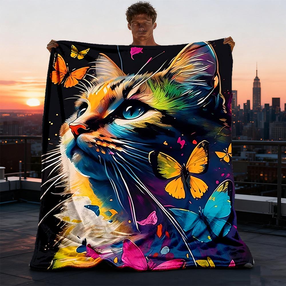 1pc Colorful Cat Art Print Outdoor Blanket, Lightweight Polyester,