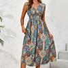 Women's Printed V-neck Sleeveless Dress with Spring Summer Women's Contrasting Color Sweeping Long Dresses