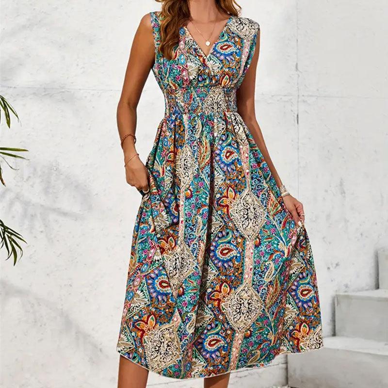 Women's Printed V-neck Sleeveless Dress with Spring Summer Women's Contrasting Color Sweeping Long Dresses