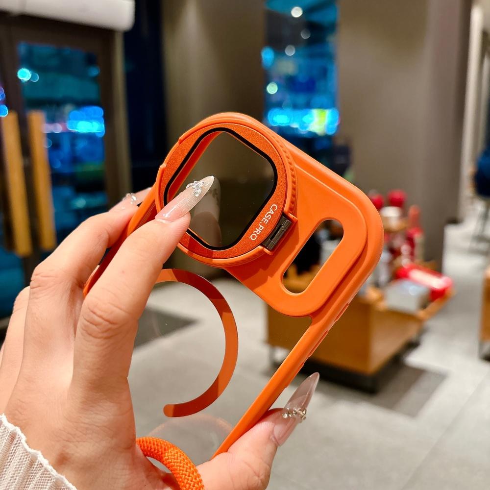 Fold Glass Lens Stand Magnetic Transparent Case For iPhone 17 16 15 14 13 12 11 Pro Max For Magsafe Wrist Strap Shockproof Cover