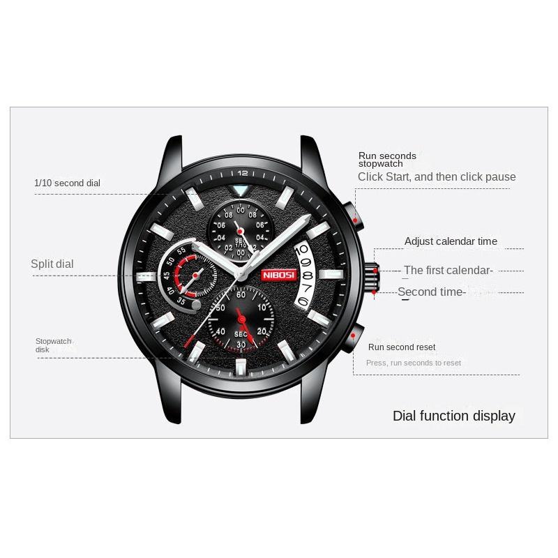 NIBOSI Watch Мужские водонепроницаемые светящиеся многофункциональные кварцевые часы из нержавеющей стали Студенческие часы