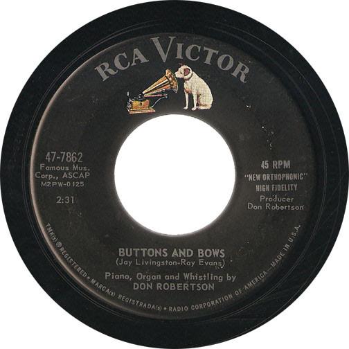 7-дюймовая пластинка ДОН РОБЕРТСОН - Пуговицы и банты 477862 RCA Victor 1961 США Рок Б/У