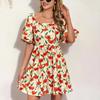 Women's Summer Dresses Lantern Short Sleeve Square Collar Flower Printed Short Dress