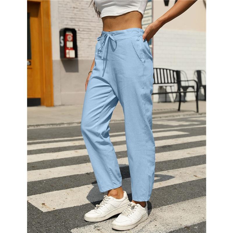 Casual Cotton Linen Drawstring Trousers For Women Comfortable Elastic Waist Long Pants Fashionable Lightweight Ladies Bottoms