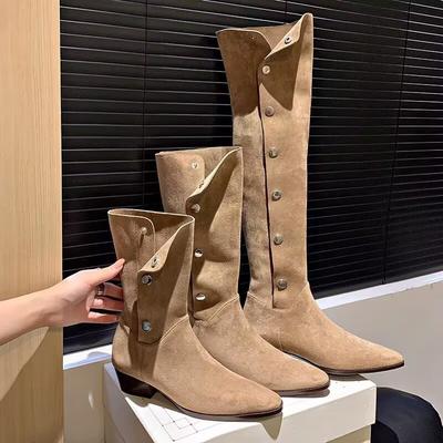 Ботинки на меху женские 2025 новые на толстом каблуке средней длины в стиле вестерн ковбойские ботинки, но до колена ботфорты, три высоты голенища