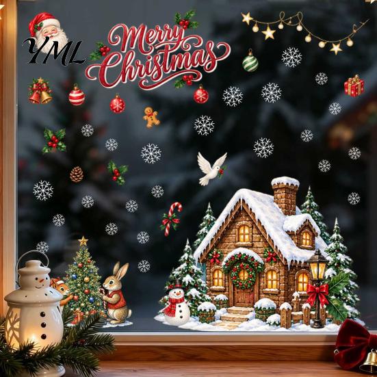 Outdoor Balcony Glass Stickers Christmas Window Clings, Snowy Village House Xmas Tree Squirrel Rabbit Party Supplies Sticker, Double-Sided Static