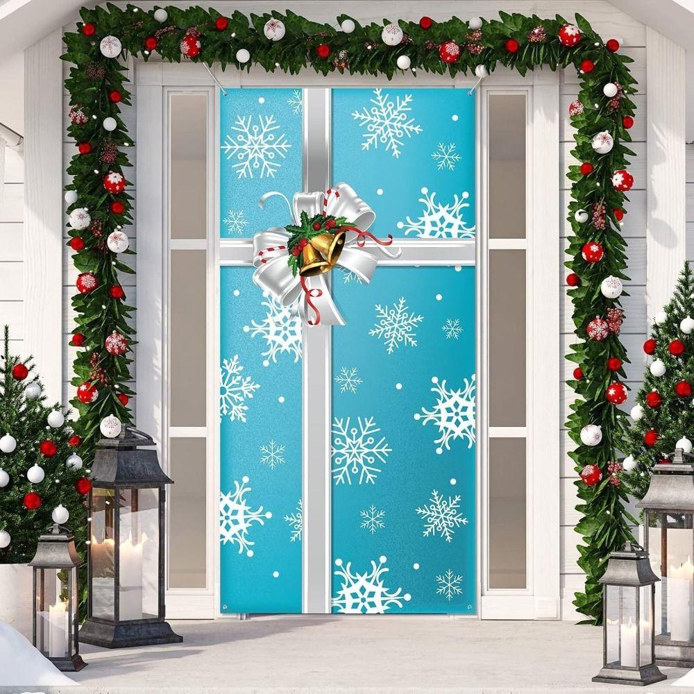Large Size 180x90cm Xmas Door Hanging Banner Green Red Bowknot Front Door Backdrop Christmas Decor