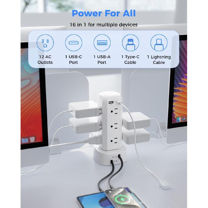 [2025 Upgraded] Power Strip Tower with Retractable Charging Cable, SUPERONE Surge Protector Tower with PD20W USB C and 12 AC Outlets, Flat Plug 6 FT