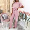 Women's Short Sleeve Jumpsuit Tie Waist Belted Straight Wide Leg Pant Romper Casual Crew Neck One-piece Overall