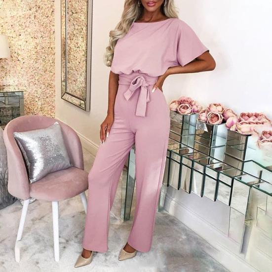 Women's Short Sleeve Jumpsuit Tie Waist Belted Straight Wide Leg Pant Romper Casual Crew Neck One-piece Overall