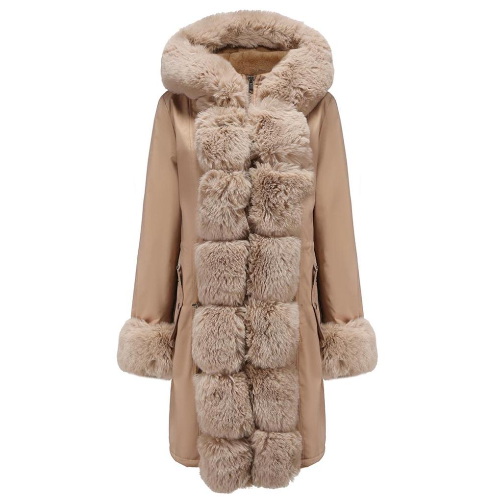 Зимние парки для женщин, пальто на молнии с капюшоном, длинный воротник из искусственного меха с манжетами, утепленное теплое пальто на флисовой подкладке, стильная уличная верхняя одежда