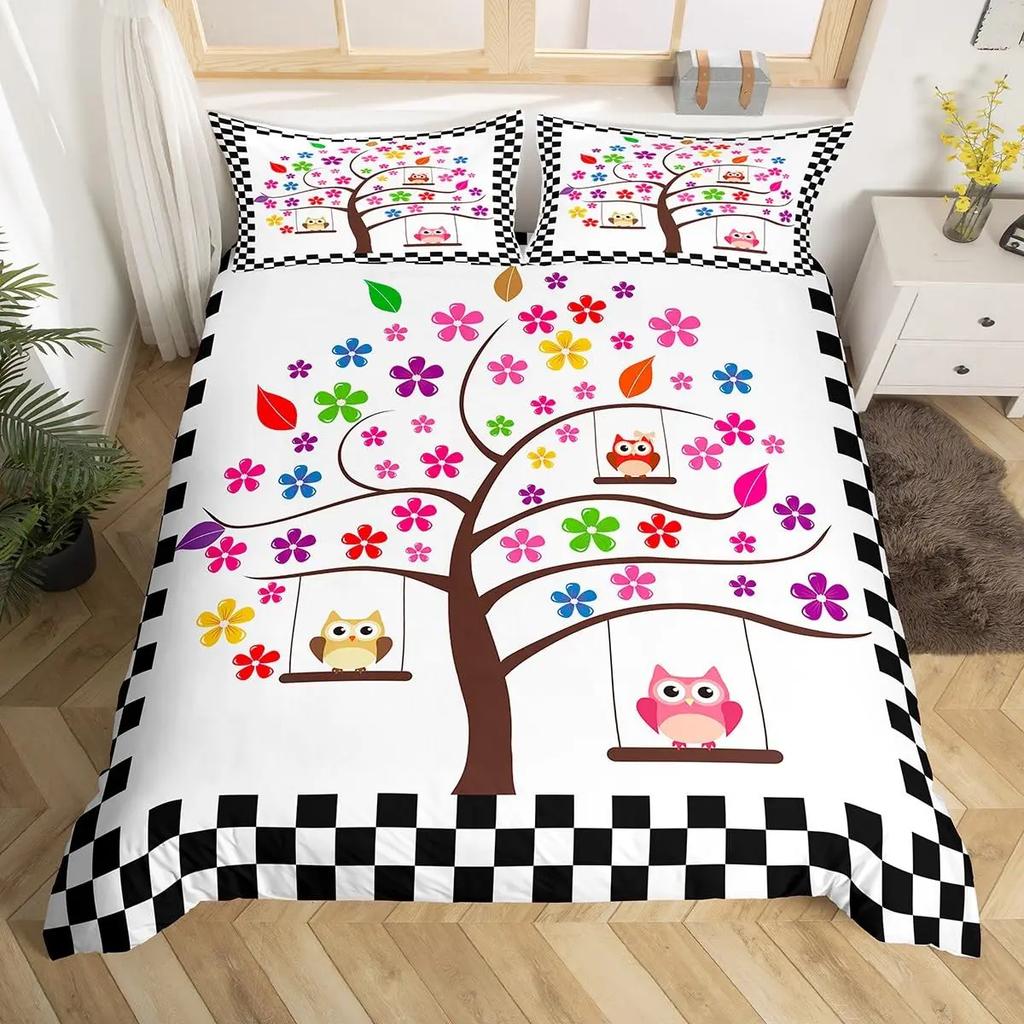 Kids Cartoon Garden Bed Set Cute Owls Comforter Cover, Chic Tree Butterfly Duvet Cover Full Queen White Daisy Floral Bedding Set