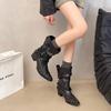 Fashion Punk Metal Rivets Pointed Toe Western Boots Women 2025 Fashion Pleated Mid Calf Riding Boots Street Style Metal Buckle Shoes