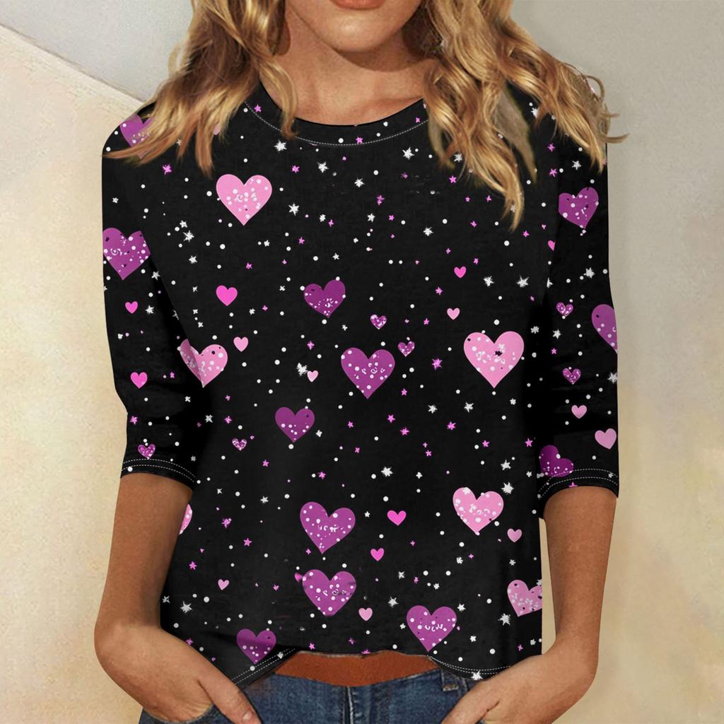 Женские топы с рукавом три четверти, рубашка на День святого Валентина, круглая горловина, свободная повседневная рубашка