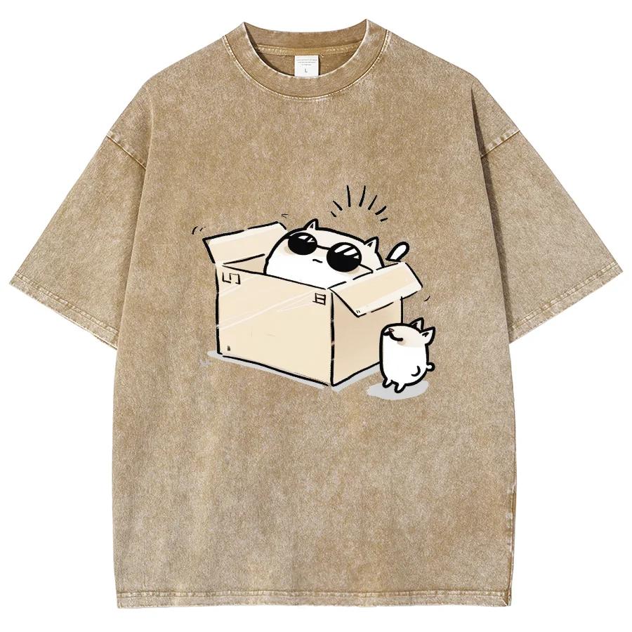 Модная футболка в мультяшном стиле с котом в коробке, с коротким рукавом, мужская и женская, винтажная, в стиле хип-хоп, повседневная, ретро