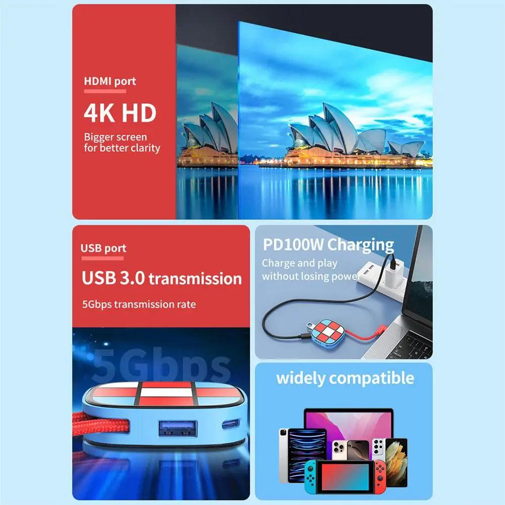 Док-станция 2-го типа Type-C 3-в-1 Для Switch 2 4K 60 Гц USB 3.0 5 Гбит/с PD-100 Вт