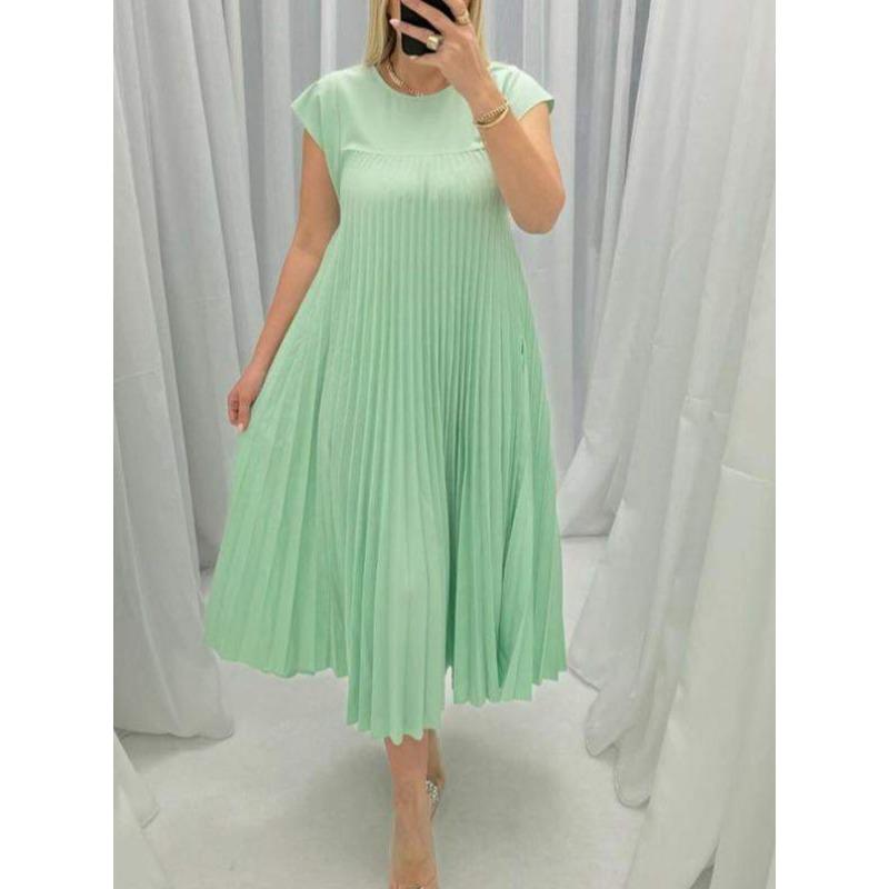 Элегантное женское плиссированное летнее платье, новое повседневное повседневное платье с коротким рукавом и круглым вырезом, свободное свободное вечернее платье больших размеров, женская мода, длинные платья 868