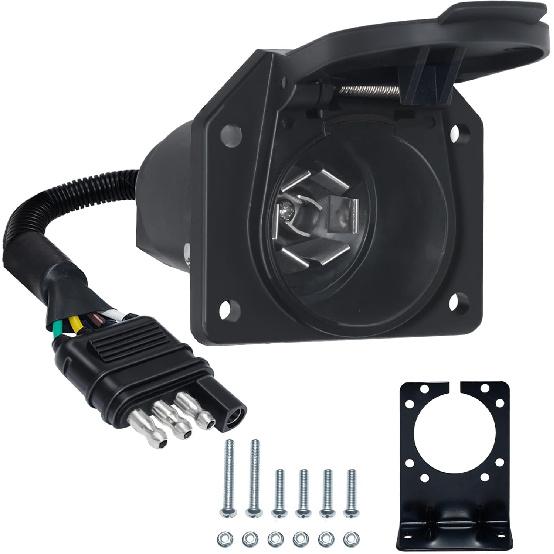 4 Pin Flat To 7 Pin RV Blade Trailer Adapter, Vehicle-Side 4 Way To Trailer-Side 7 Way With Mounting Bracket, For Recreational Vehicle, Trailer,