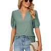 Summer Casual V-neck Solid Color Hollow Bubble Sleeve Loose T-shirt Top for Women Shirt