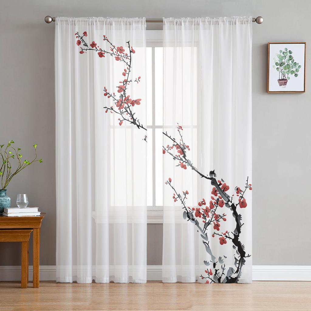 Ink Plum Blossom Flower Plant Tulle Sheer Curtains for Living Room Decoration Window Curtain for Bedroom Voile Organza Drapes