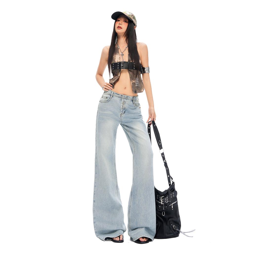 American washed light blue slightly pulled jeans women's summer new non-stick legs low waist thin flared pants