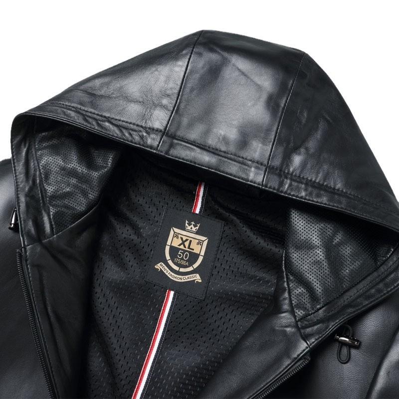 Новая стильная куртка из овчины, мужская модная повседневная кожаная куртка с капюшоном, пальто из натуральной кожи, кожаная куртка