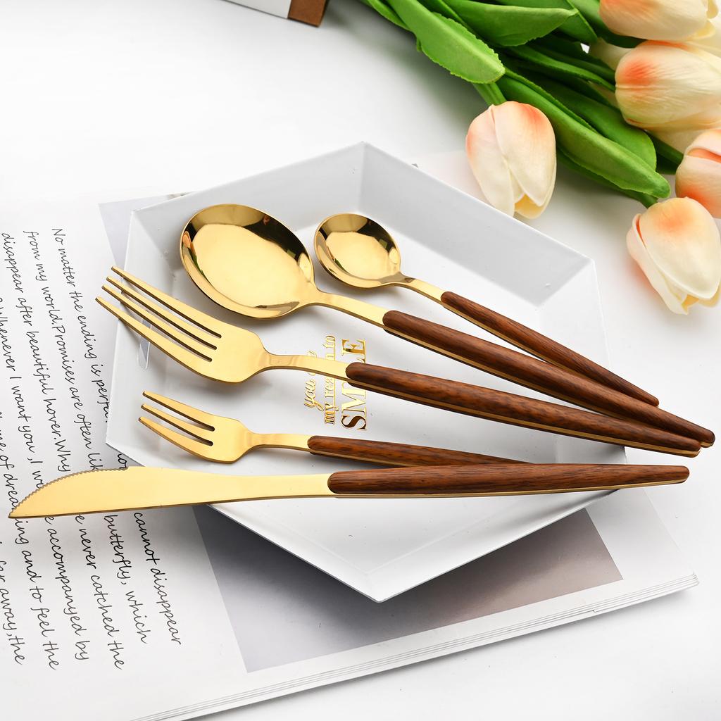 20Pcs Wooden Handle Dinnerware Steak Knife Coffee Spoon Cake Fork Set Mirror Stainless Steel Tableware Kitchen Utensils Eating Silverware