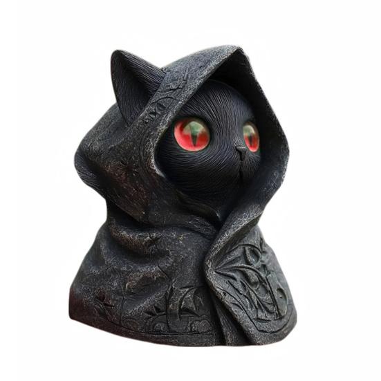 Hooded Cat Statue Resin Mysterious Black Cat Figurine Gothic Tabletop Mini Cat Sculpture Halloween Decoration Gift for Cat Lovers