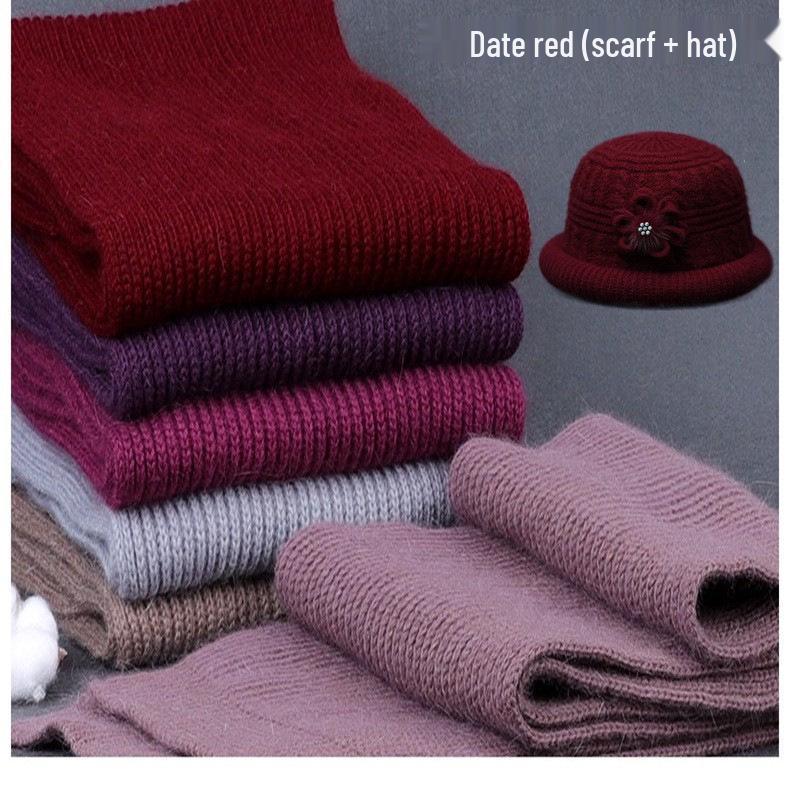 Warm Wool Knit Hat & Scarf Set for Middle-Aged & Elderly Ladies - Thickened Velvet for Autumn & Winter