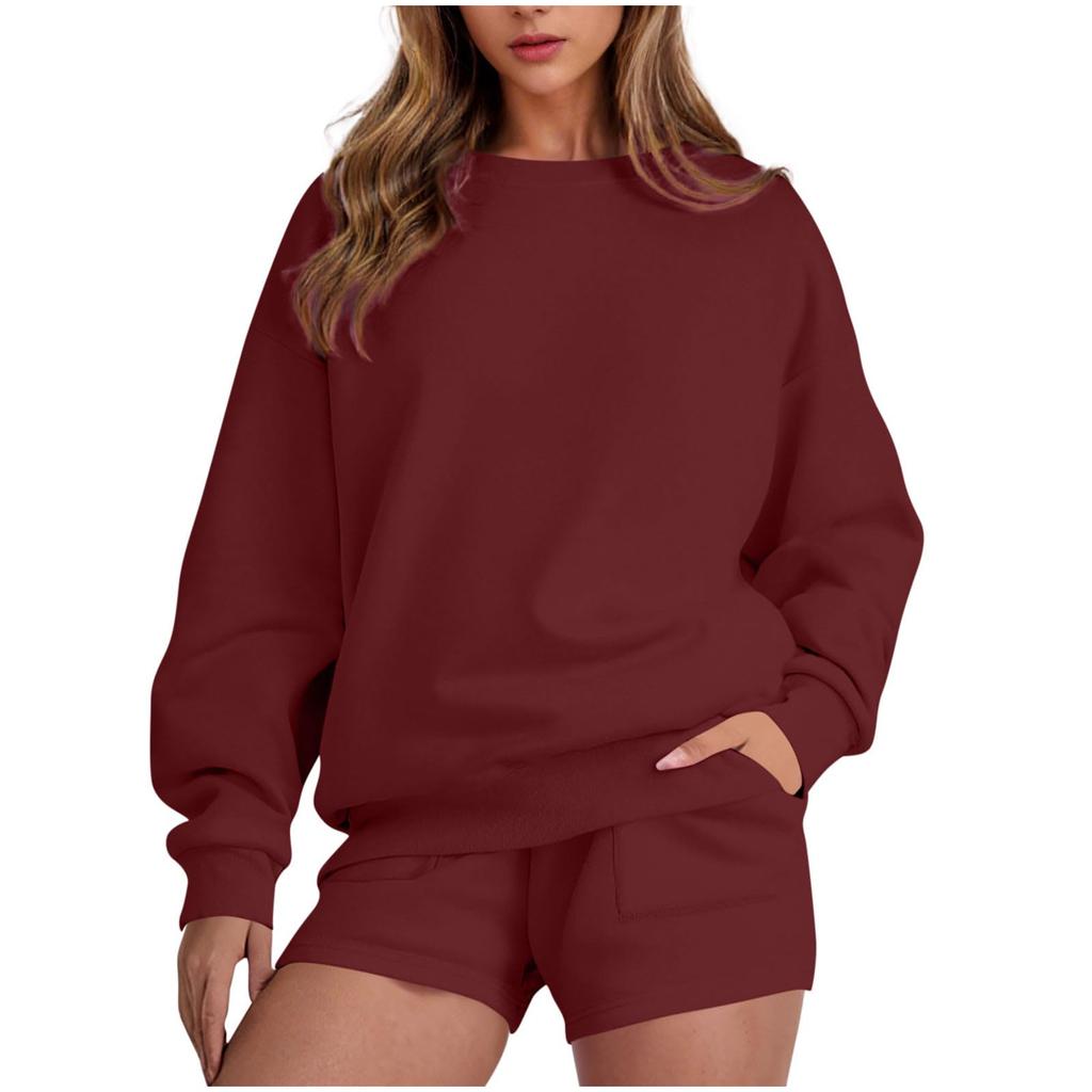 Women's Fashion Sportswear Casual Long-Sleeved Pullover Sweatshirt Drawstring Shorts Set