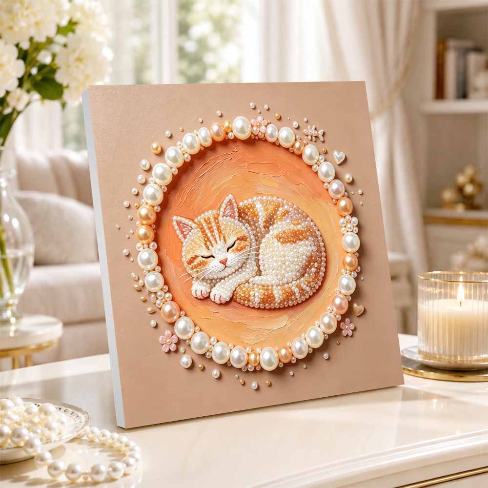 Pearl painting kit DIY cute sleeping cat. home or office wall decoration