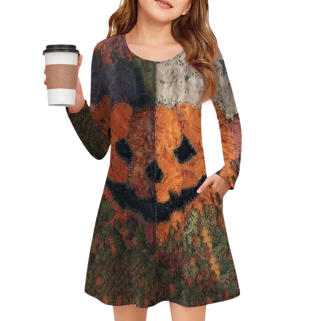 Girls' Long Sleeve Dress - Color Pocket Dress