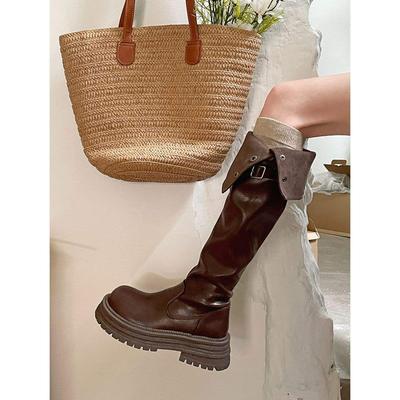 Женские ботфорты на толстой подошве 2025 Маленький толстый каблук высокие сапоги Сапоги Два способа носки кожаные сапоги Узкие сапоги рыцаря