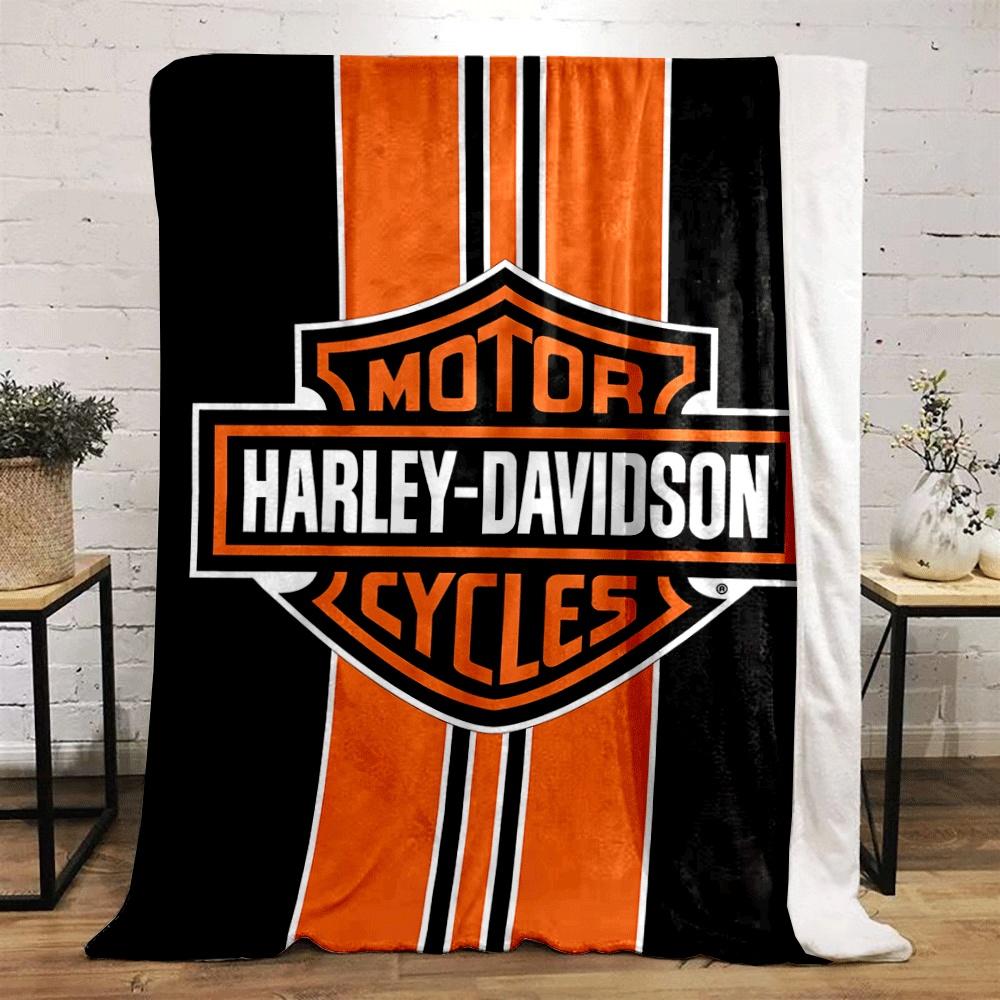 Яркие оранжевые вертикальные полосы с логотипом Harley-Davidson на черном фоне. одеяло на все сезоны плед для обеденного перерыва подарок