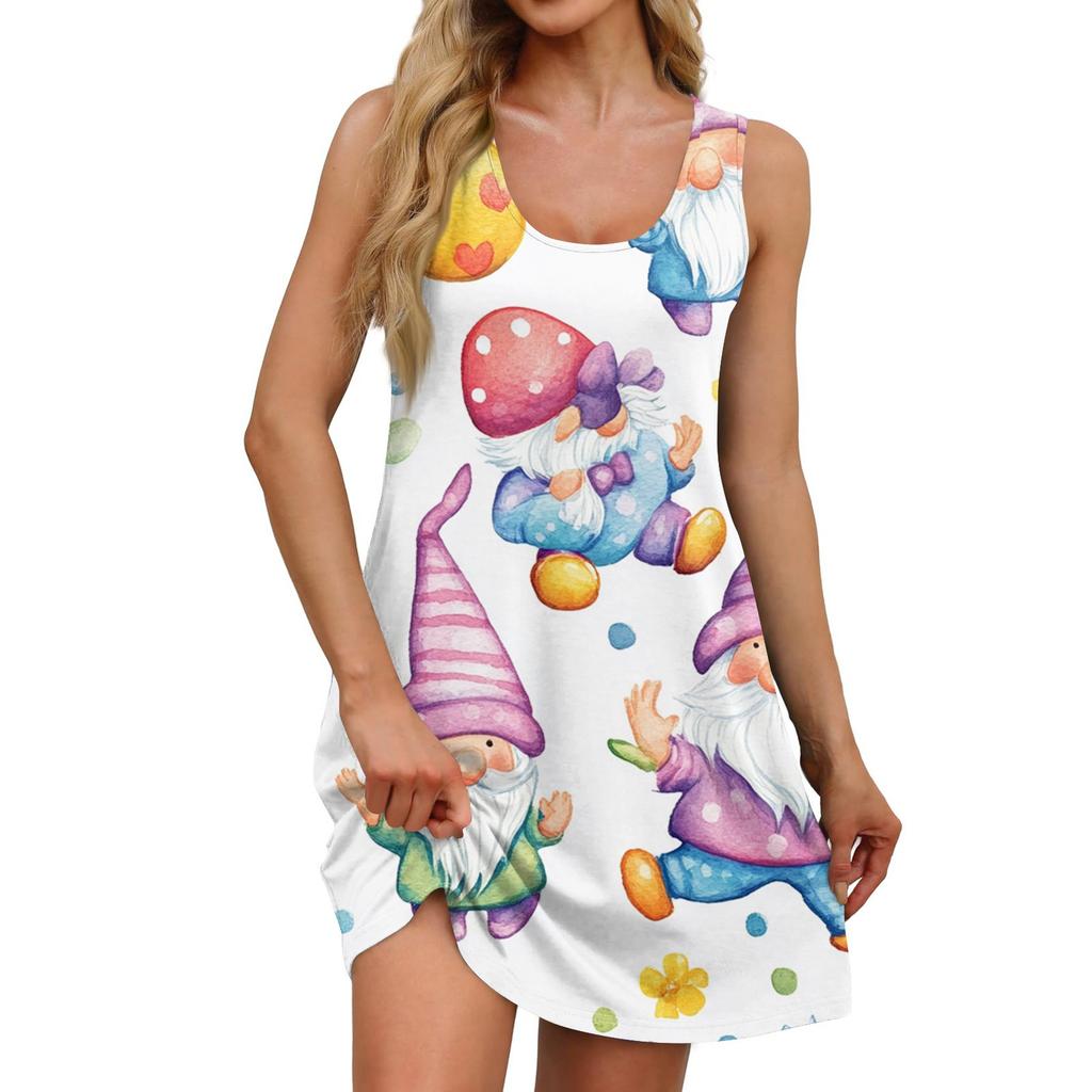 Women's Summer Casual Square Collar Easter Print Dress Sleeveless Dress With Pockets