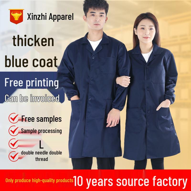 Thickened Blue Wear-Resistant Long Sleeve Lab Coat with Custom Print Logo for Labor Protection In Food Handling
