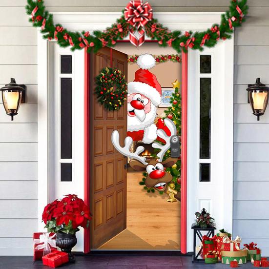 Christmas Door Cover Colorful Print Christmas Door Decoration Backdrop Front Door Decor Holiday Festive Xmas Party Supplies
