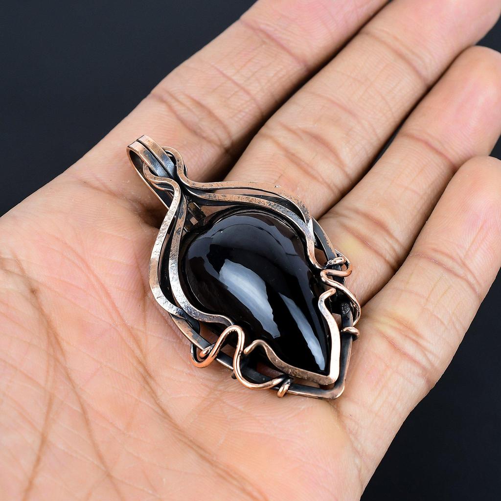 Подвеска из черного обсидиана, ювелирное изделие из драгоценного камня ручной работы, подвеска, обернутая медной проволокой 999 пробы, ювелирная подвеска уникального дизайна