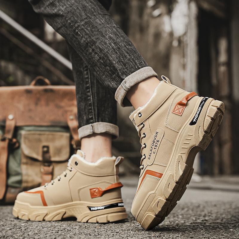 Модная мужская обувь Зимняя плюшевая хлопковая обувь Мужская модная универсальная рабочая обувь на высокой платформе Износостойкие повседневные короткие ботинки