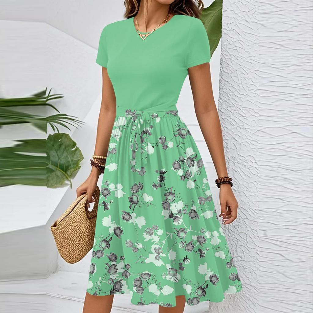 Women's Casual Fashion Belted Floral Print Short Sleeve Round Neck Elegant Dress