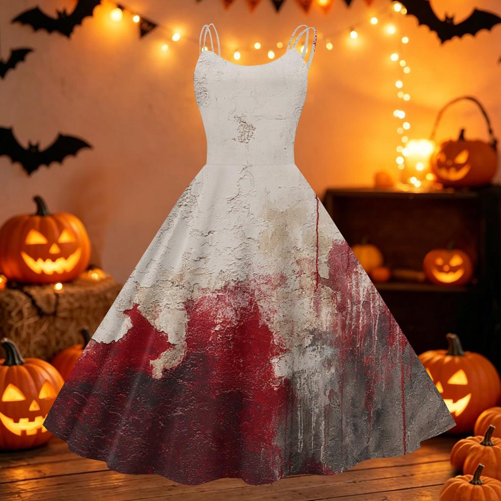 Women Halloween Printed Off Shoulder Punk Vintage Dress Sleeveless Spaghetti Strap A-Line Midi Dress