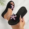 Fashion Black Fabric Strap Soft Sole Wedge Heels Slides Women 2025 Summer Pink Glitter Flower Decoration Slippers Sexy Beach Sandals