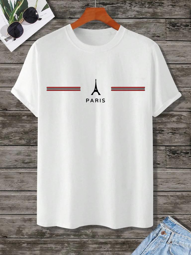 Summer 100% Cotton Men's Loose Size Comfortable Paris Letter Print Slim Casual Sports Round Neck Short Sleeve T-shirt Top