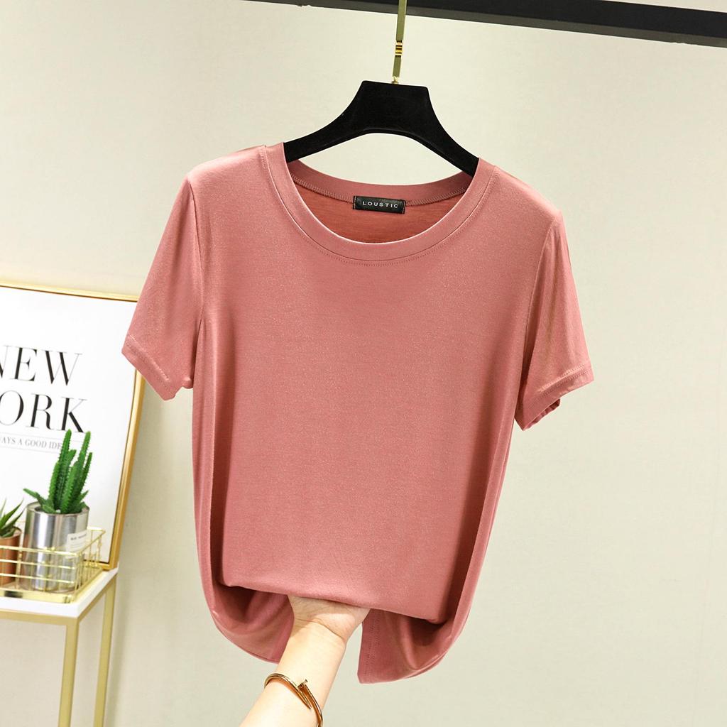 Женская однотонная модальная футболка с круглым вырезом - Базовый летний пуловер с коротким рукавом