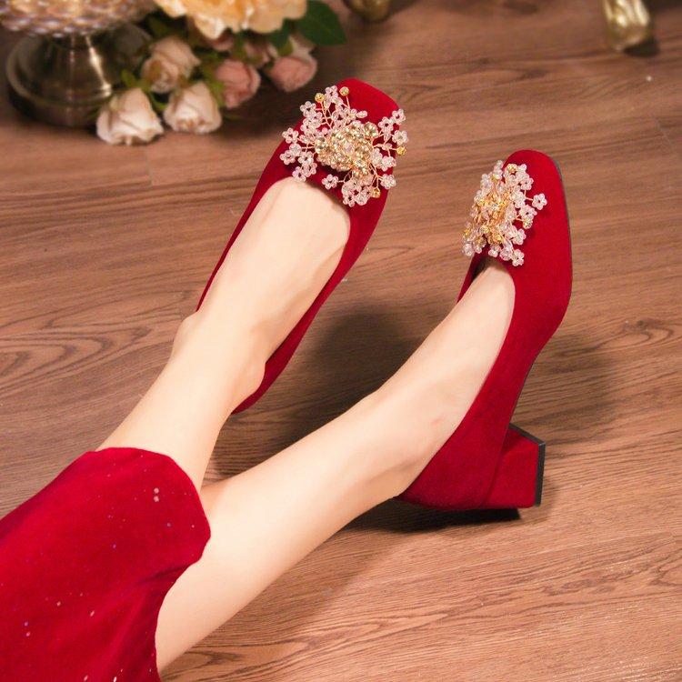 Fashion Luxury Women's Heels Sexy Red Square with Rhinestone Wedding Shoes Office Party Pump Designer Fashion Single Shoes