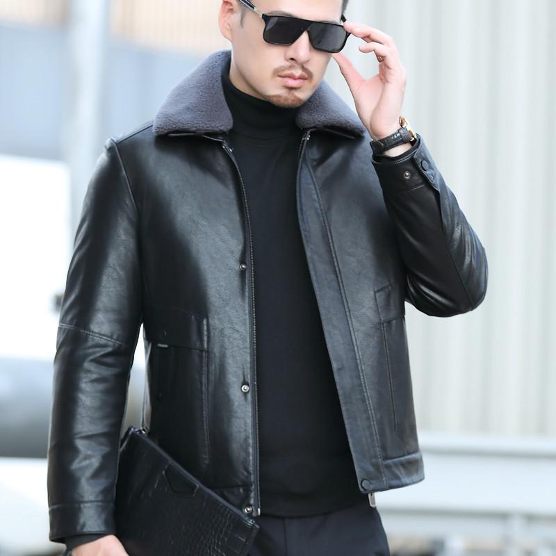 Men's New Jacket Leather Down Jacket White Duck Down Filling Casual Winter Sheepskin Solid Color Lapel Thick Coat